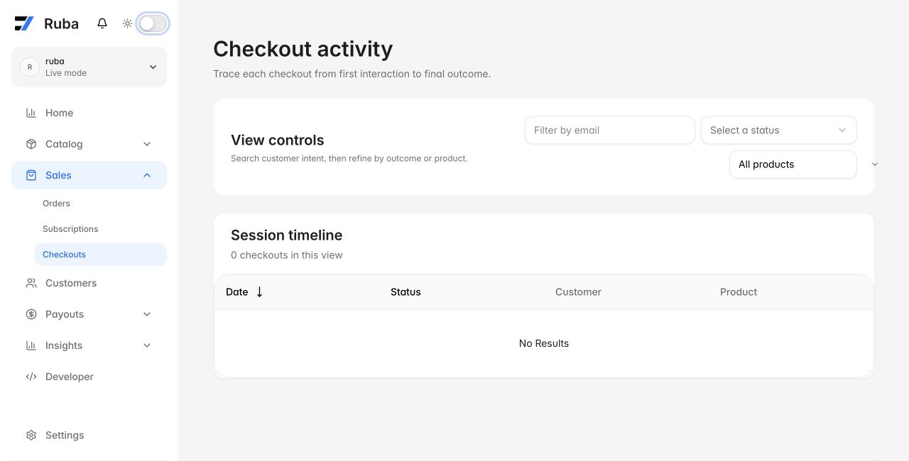 Ruba checkout activity view in light mode