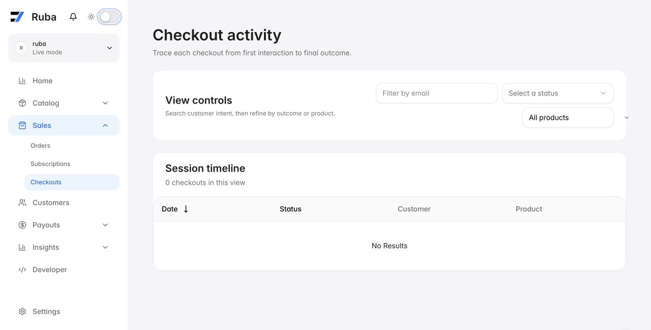 Ruba checkout activity view in light mode