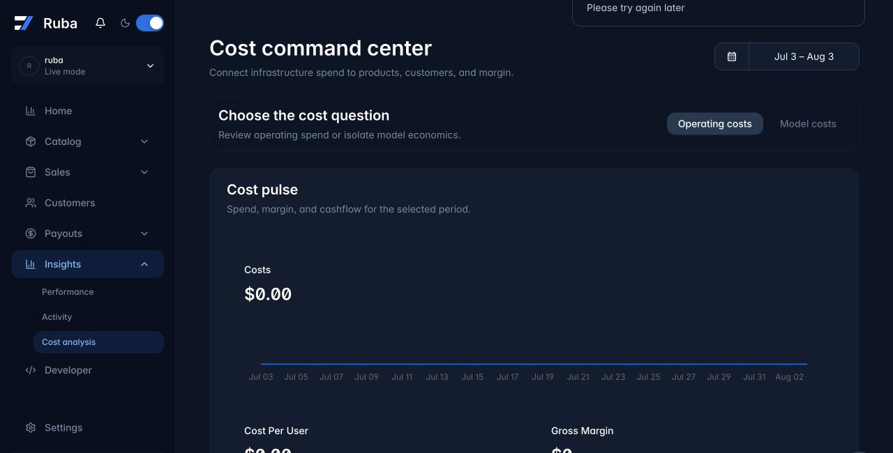 Ruba cost analysis workspace in dark mode