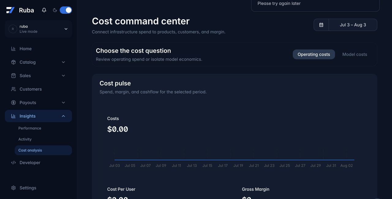 Ruba cost analysis workspace in dark mode