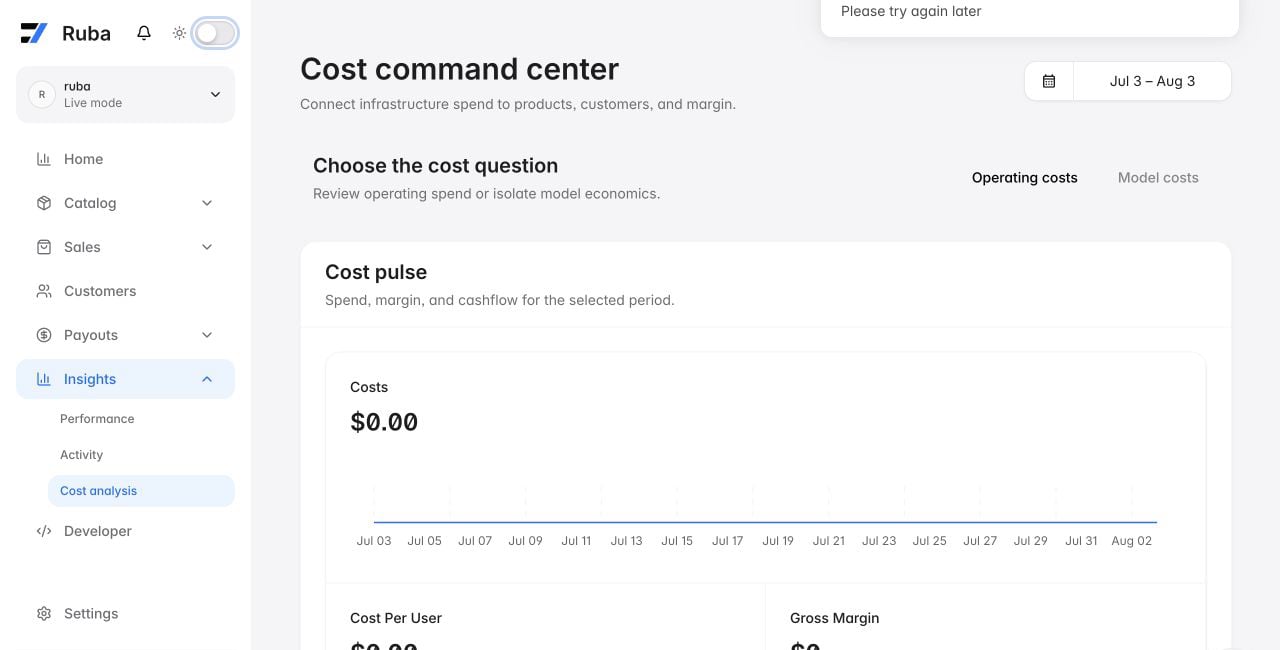 Ruba cost analysis workspace in light mode