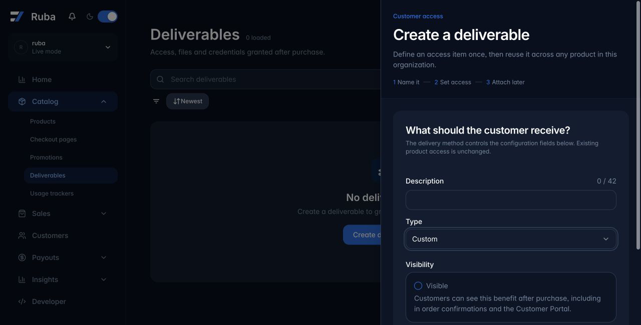 Ruba deliverable form configured for Custom in dark mode