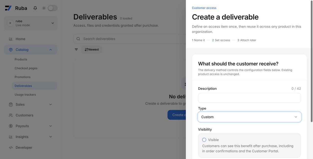 Ruba deliverable form configured for Custom in light mode