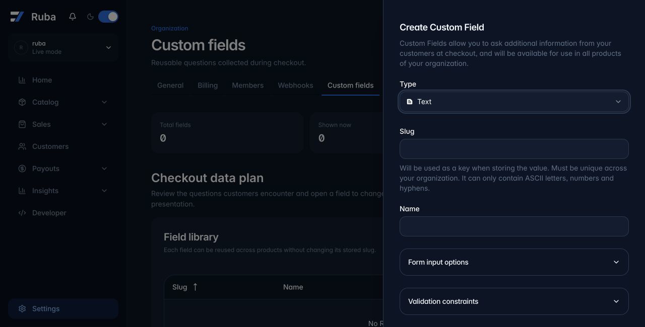Ruba custom field creation form in dark mode