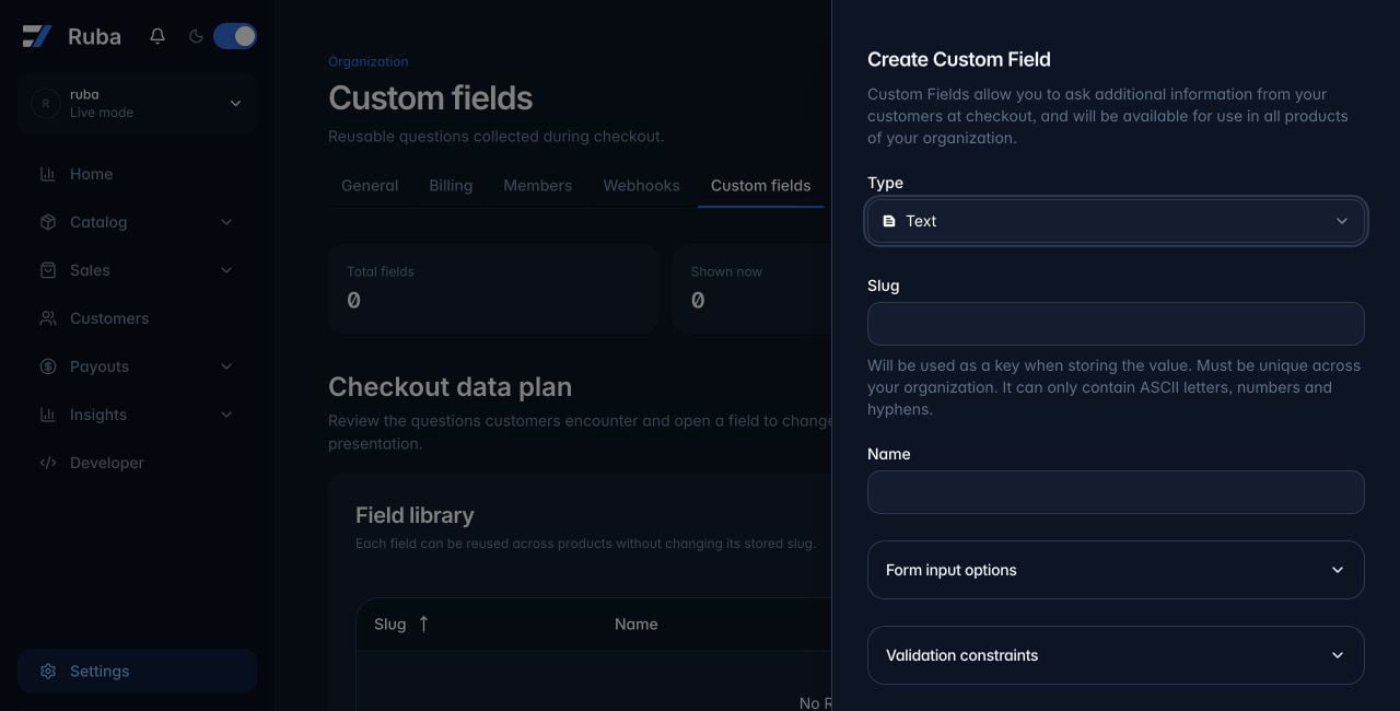 Ruba custom field creation form in dark mode