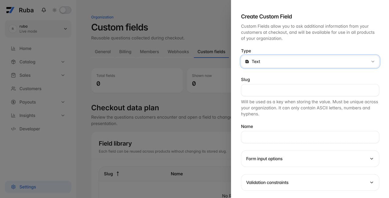 Ruba custom field creation form in light mode