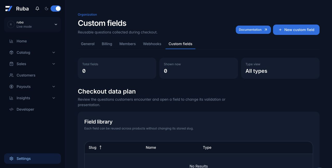 Ruba custom fields library in dark mode