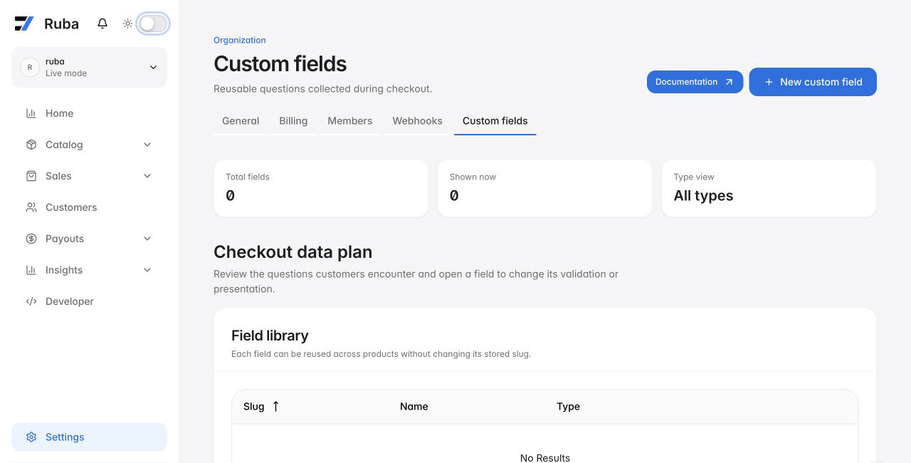 Ruba custom fields library in light mode