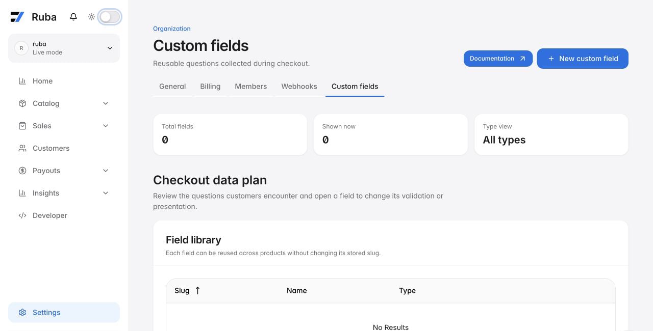 Ruba custom fields library in light mode