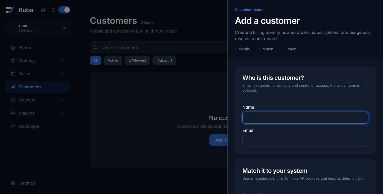 Ruba customer creation form in dark mode