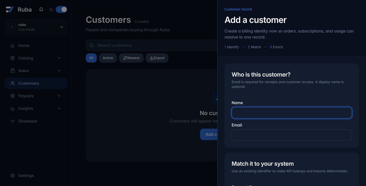 Ruba customer creation form in dark mode
