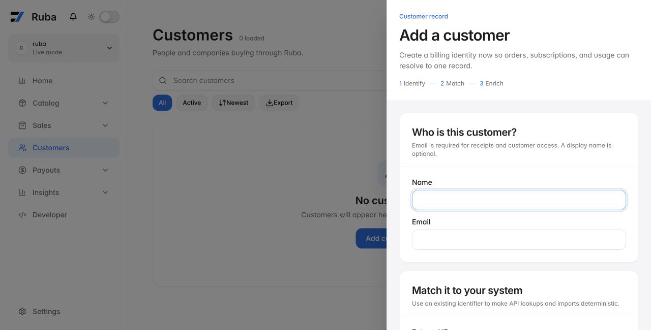 Ruba customer creation form in light mode