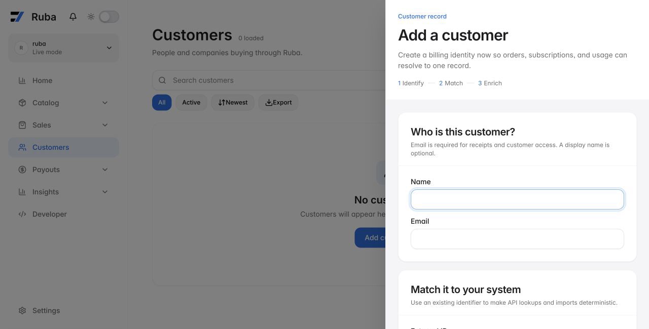 Ruba customer creation form in light mode