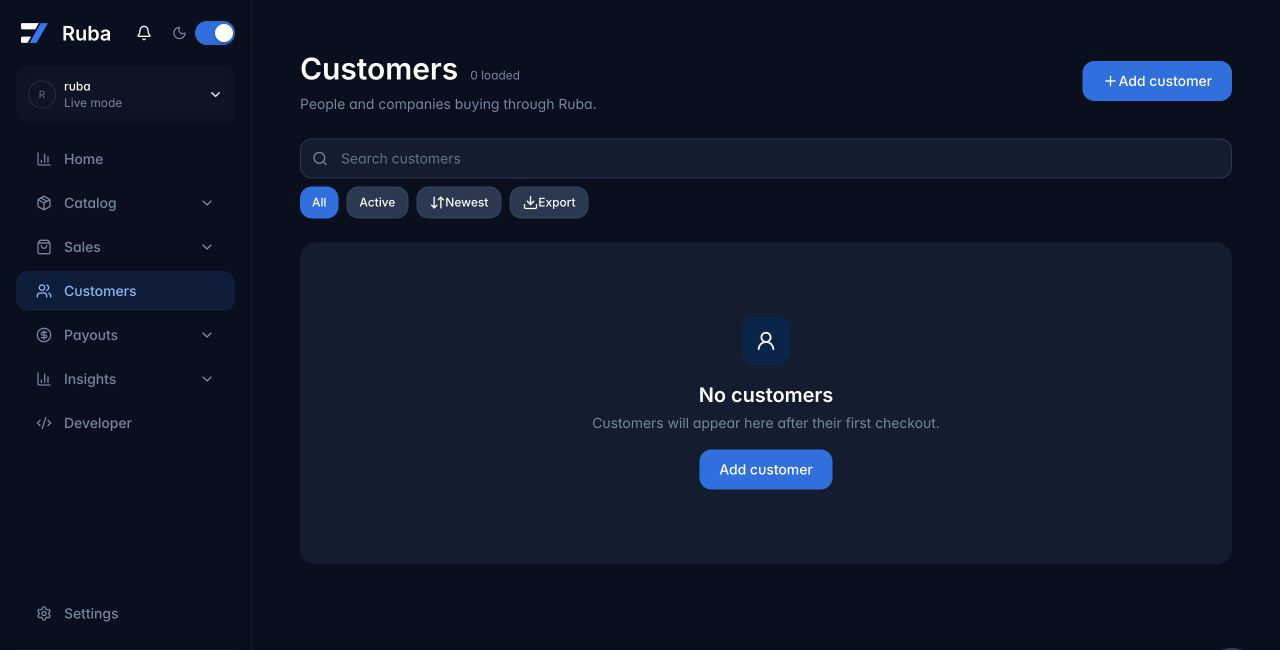 Ruba customers list in dark mode