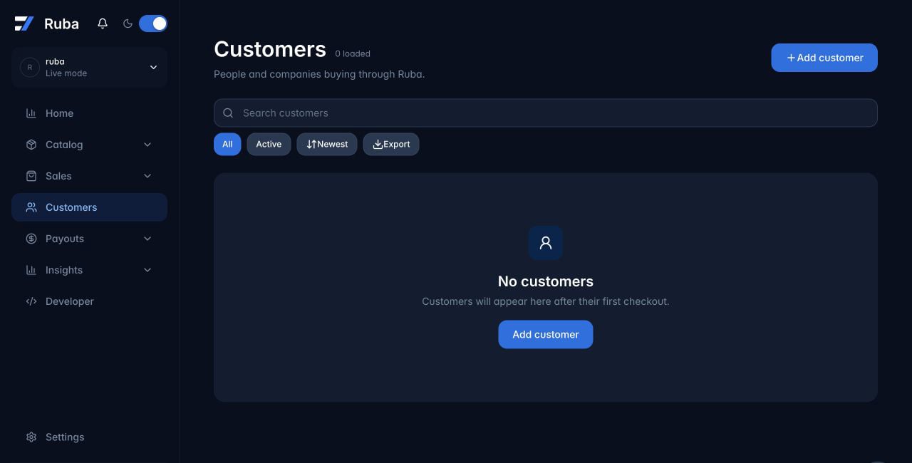 Ruba customers list in dark mode