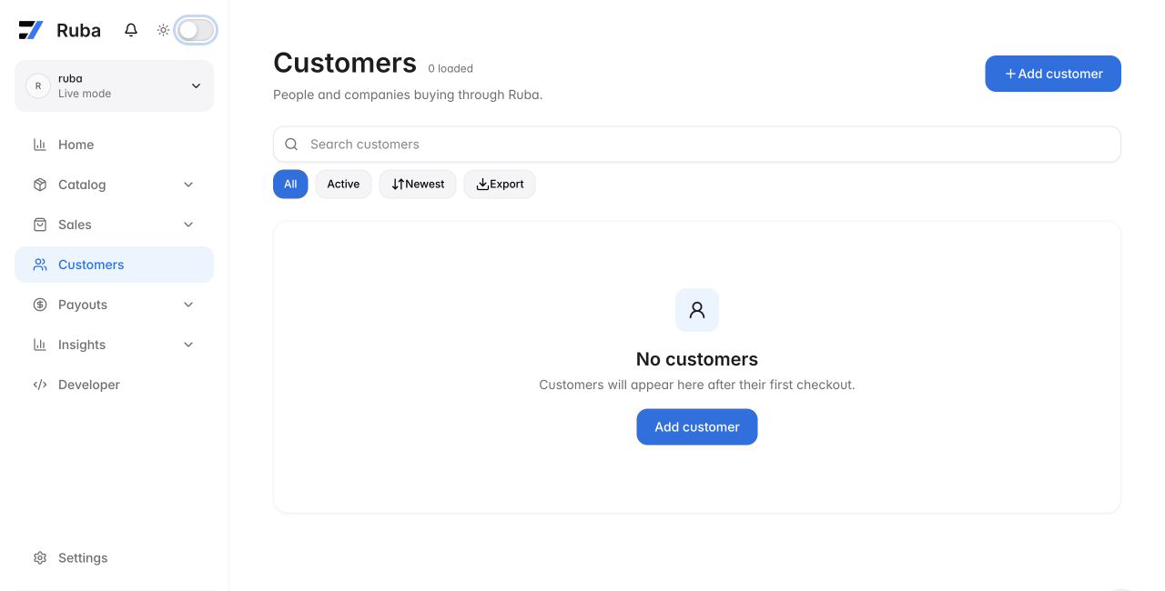 Ruba customers list in light mode