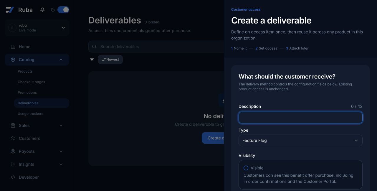 Ruba create a deliverable form in dark mode