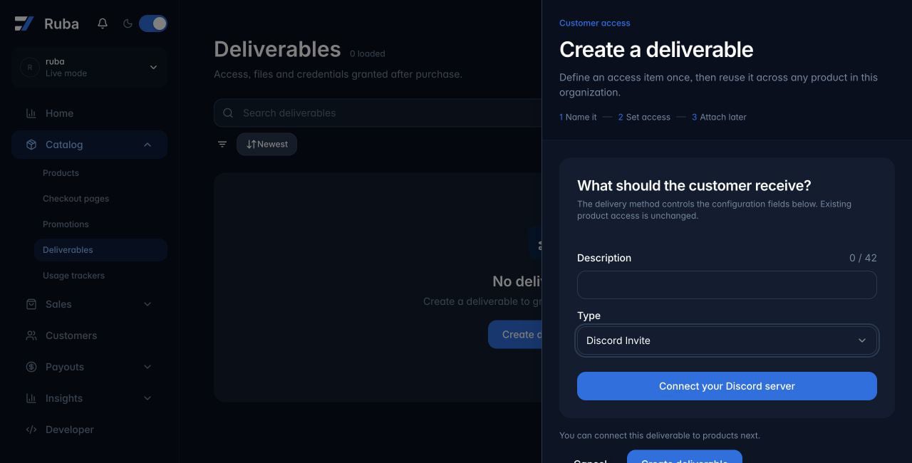 Ruba deliverable form configured for Discord Invite in dark mode