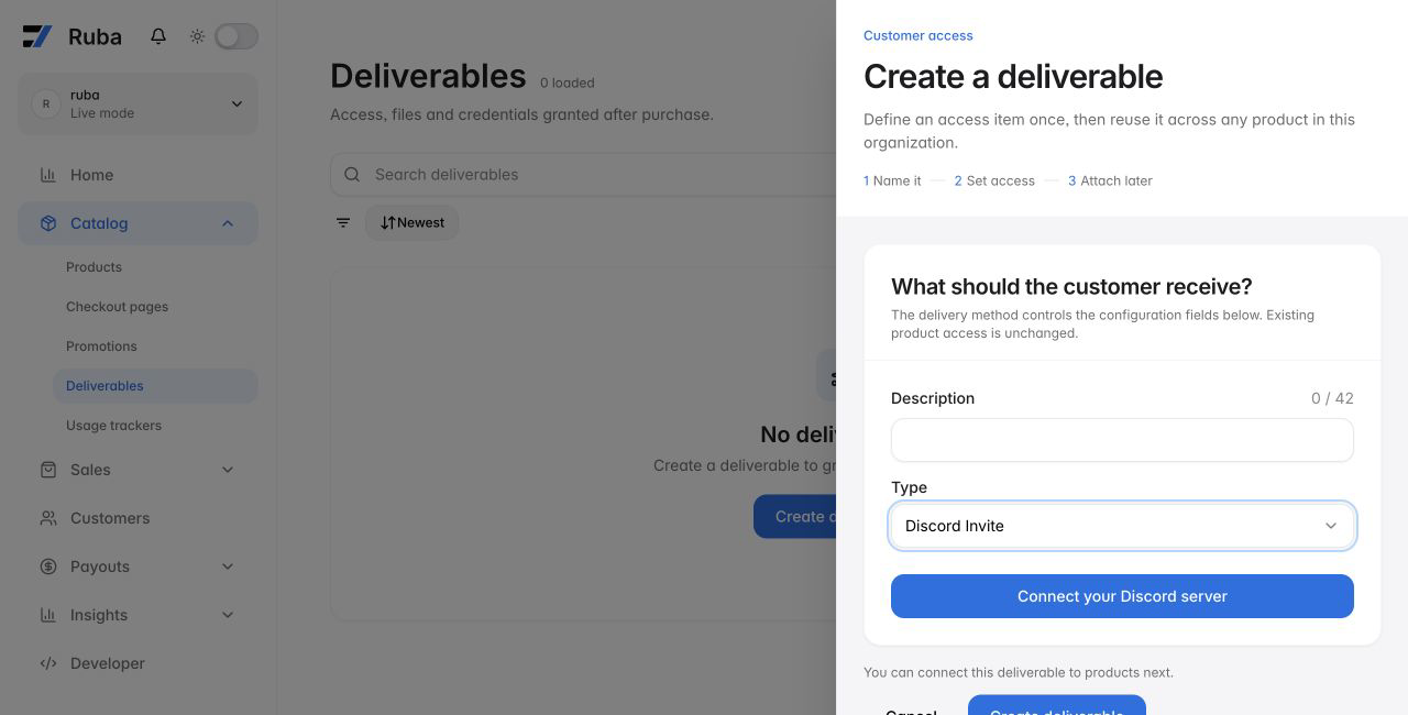 Ruba deliverable form configured for Discord Invite in light mode