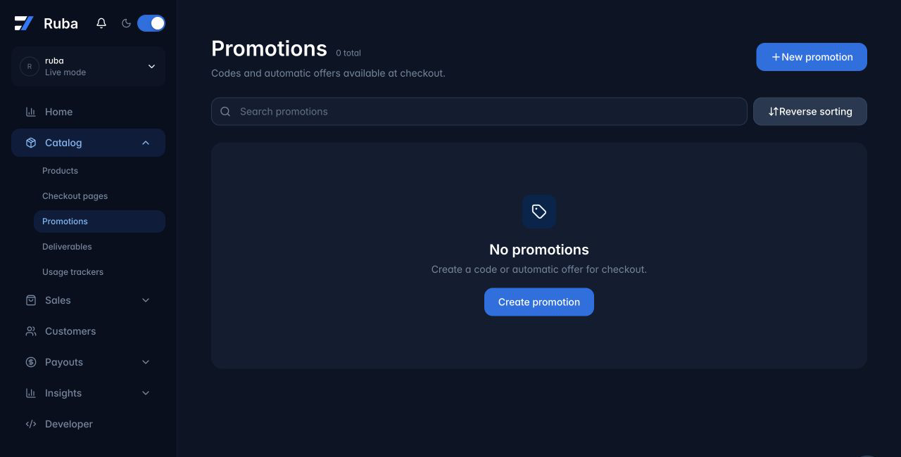 Ruba promotions list in dark mode
