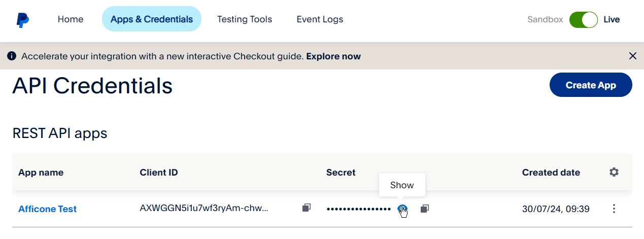 PayPal app client Id and secret