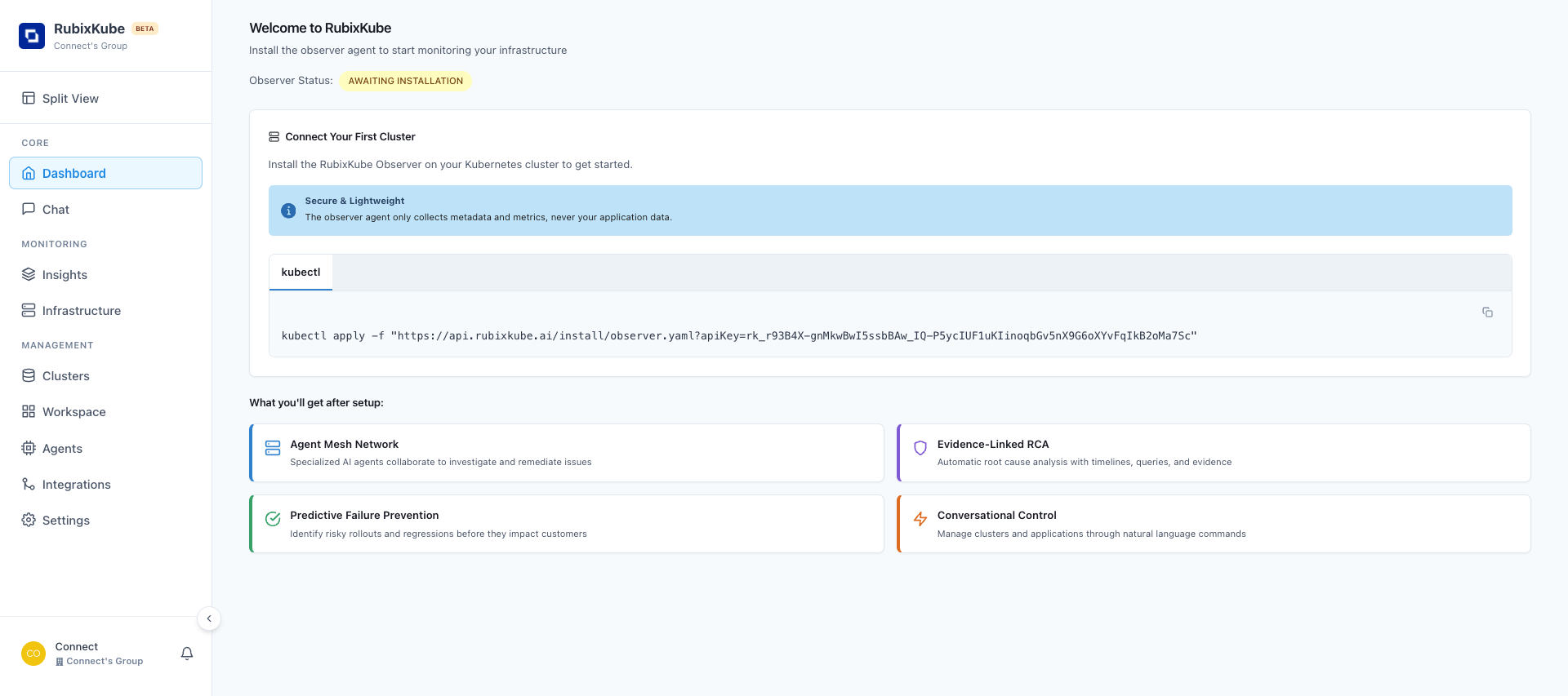 RubixKube dashboard after login