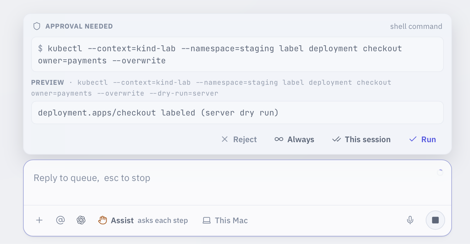 The approval dock above the Kepler composer. It shows a pending kubectl label command, a server dry-run preview of its effect, and four buttons: Reject, Always, This session, and Run. The posture chip reads Assist.