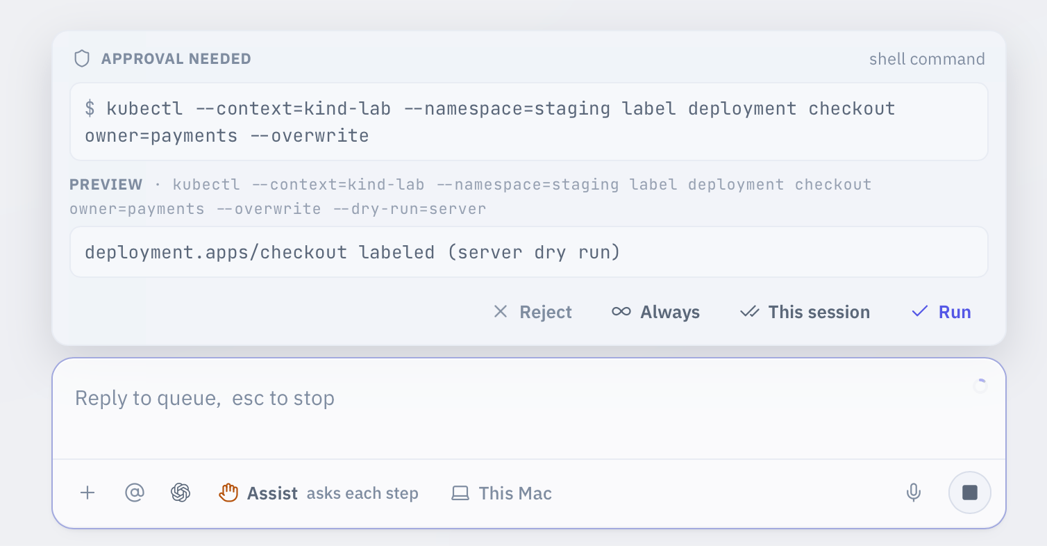 The approval dock above the Kepler composer. It shows a pending kubectl label command, a server dry-run preview of its effect, and four buttons: Reject, Always, This session, and Run. The posture chip reads Assist.