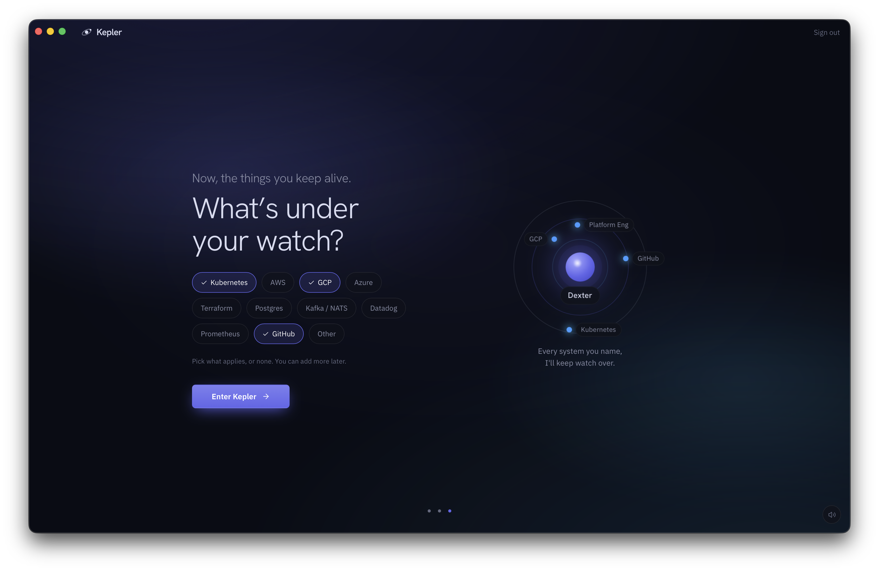 The third onboarding question, What's under your watch, with technology chips. Kubernetes, GCP and GitHub are selected, and the orbit on the right has filled in with those systems around your name.