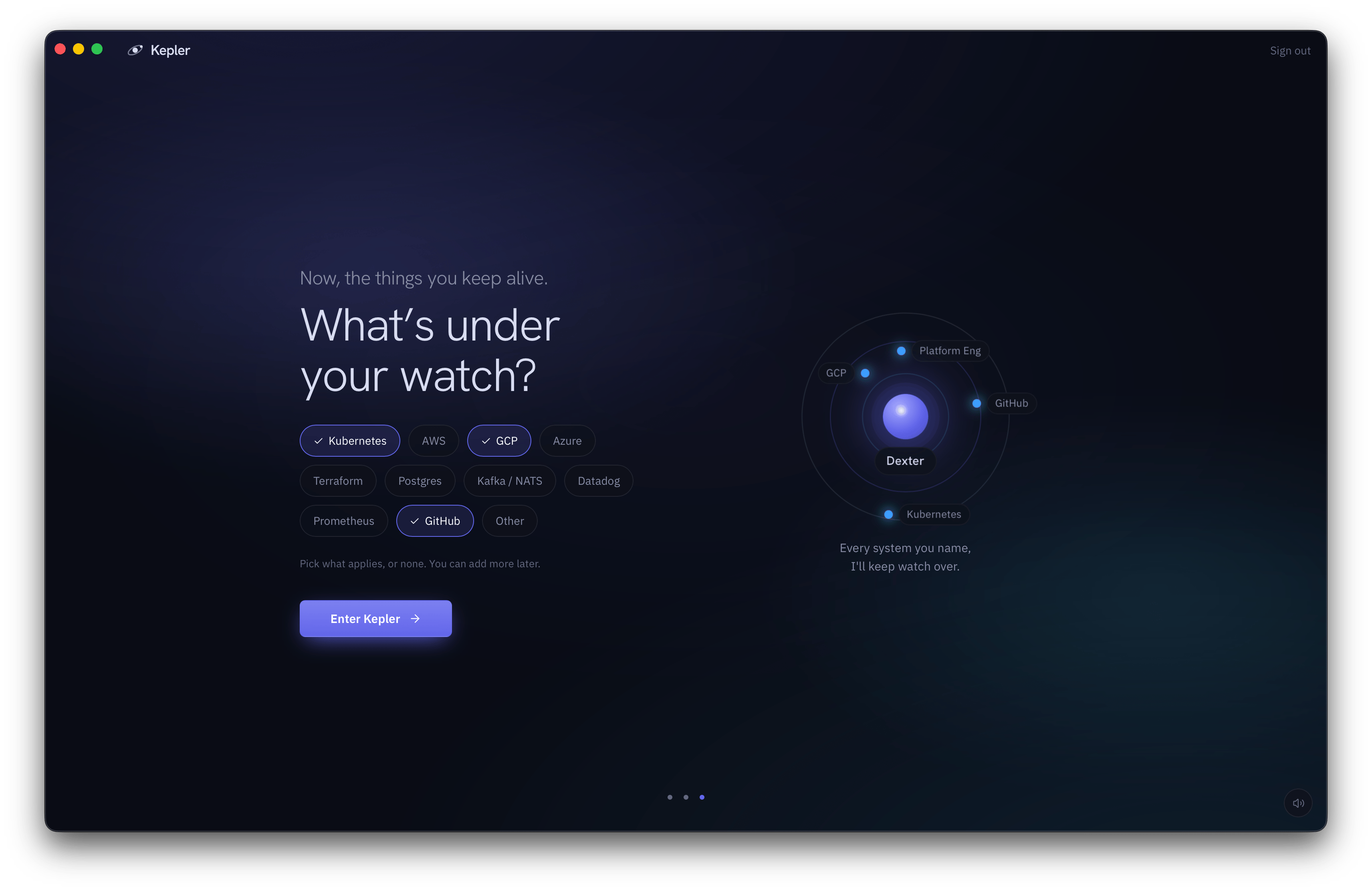 The third onboarding question, What's under your watch, with technology chips. Kubernetes, GCP and GitHub are selected, and the orbit on the right has filled in with those systems around your name.