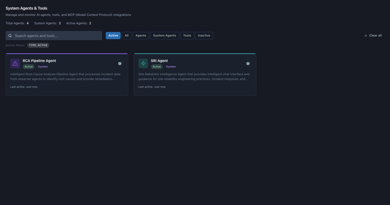 Agents header with summary metrics