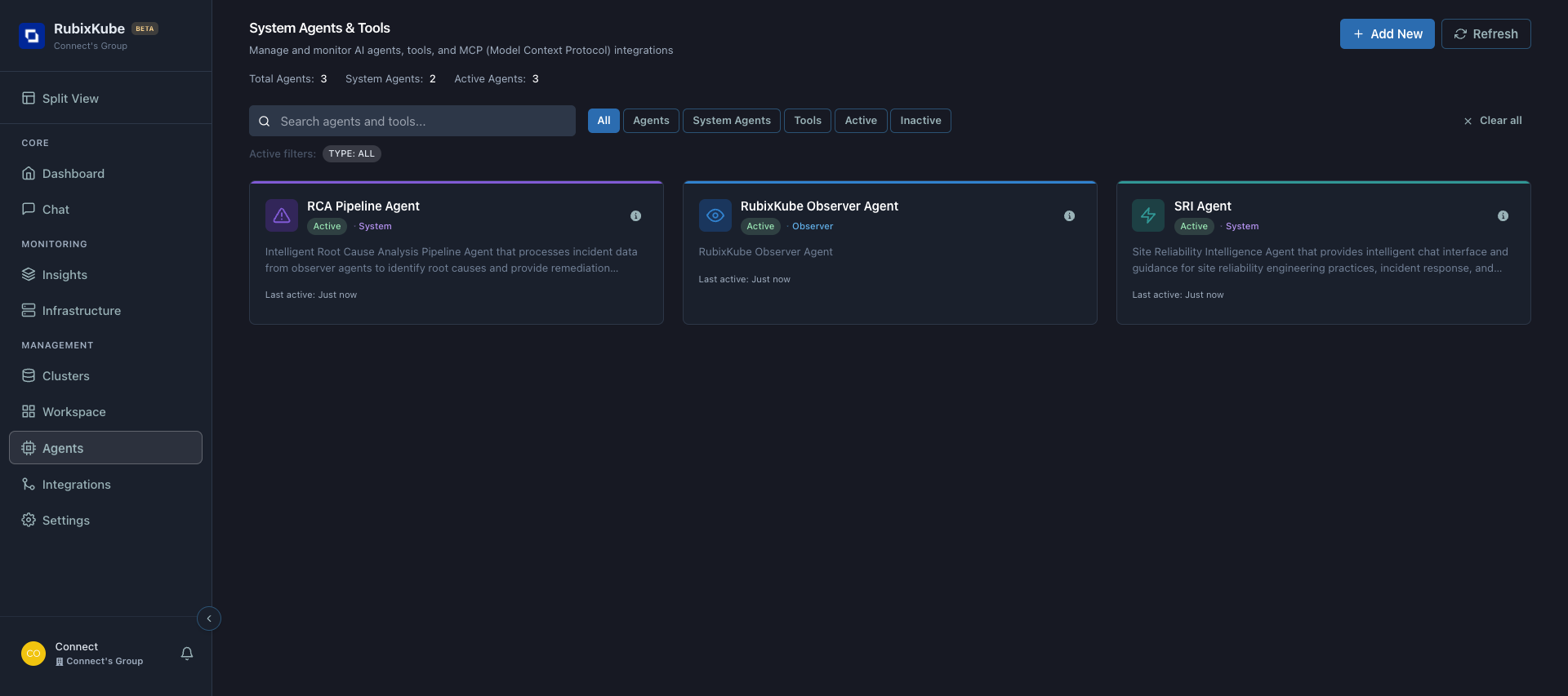 RubixKube Agents dashboard showing active agents