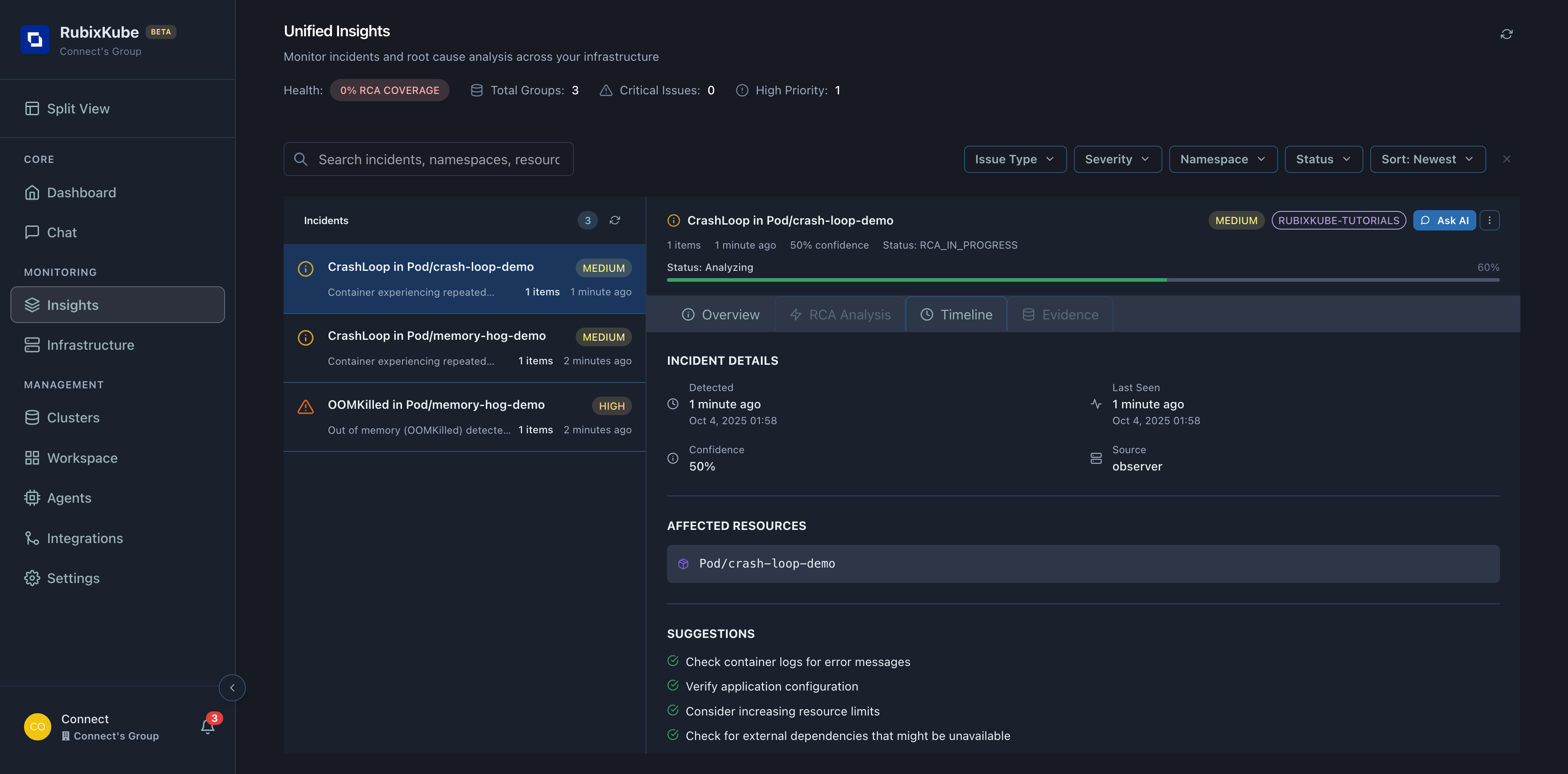 Insights page showing incident analysis