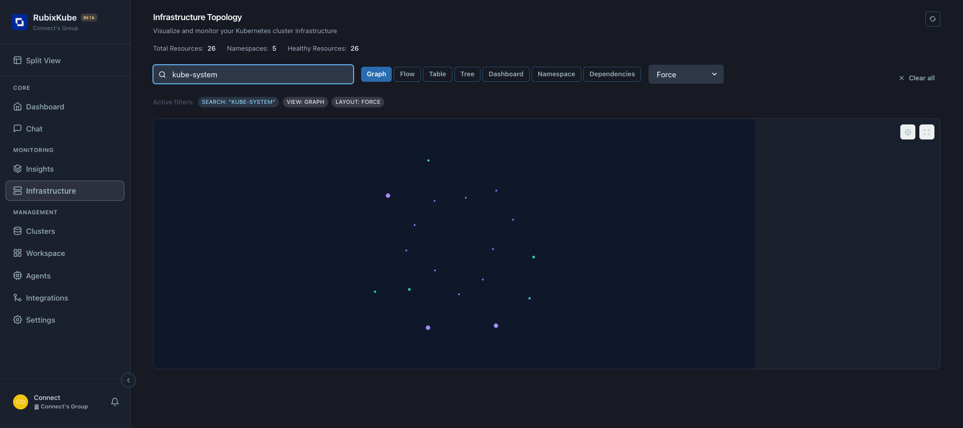 Search filtered to kube-system