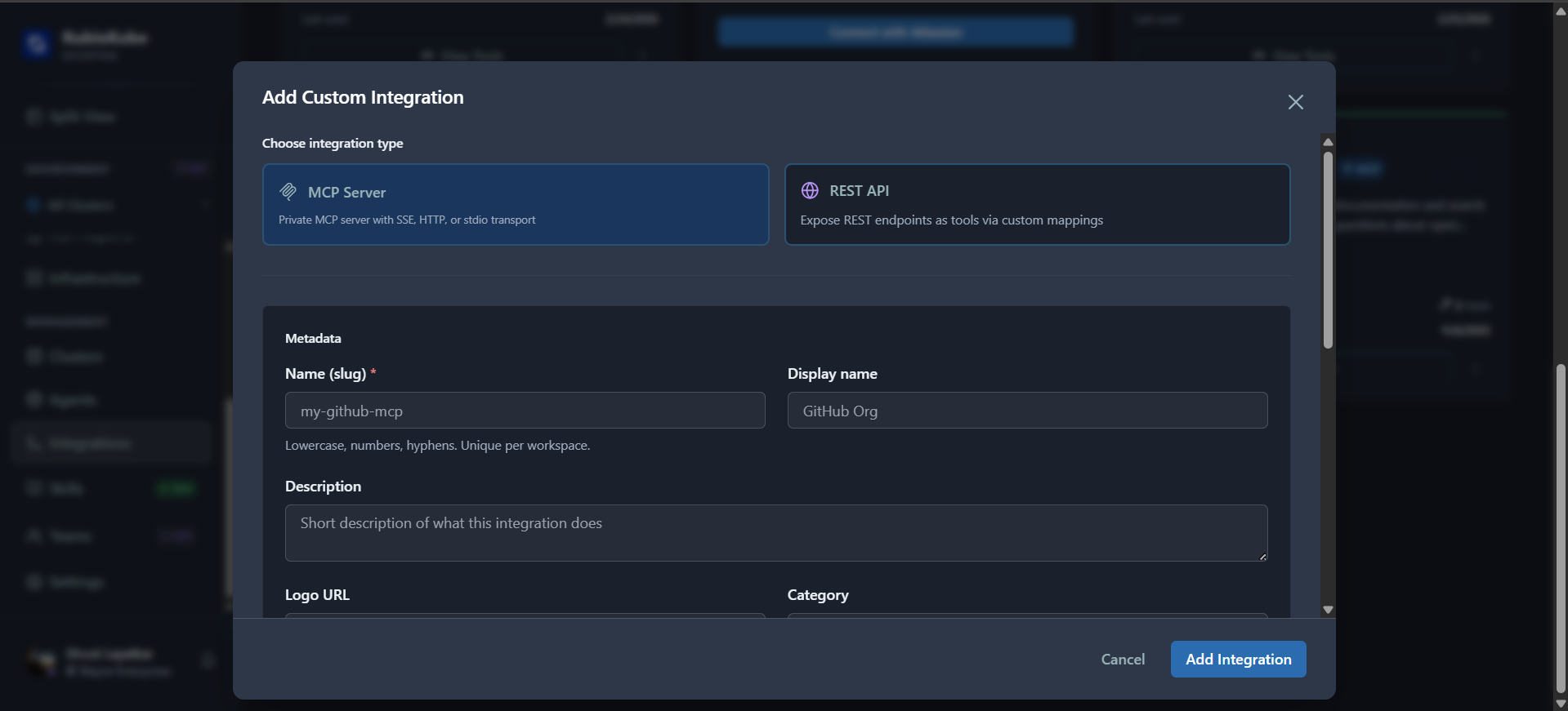 Add Custom Integration dialog showing MCP Server and REST API protocol options with metadata fields