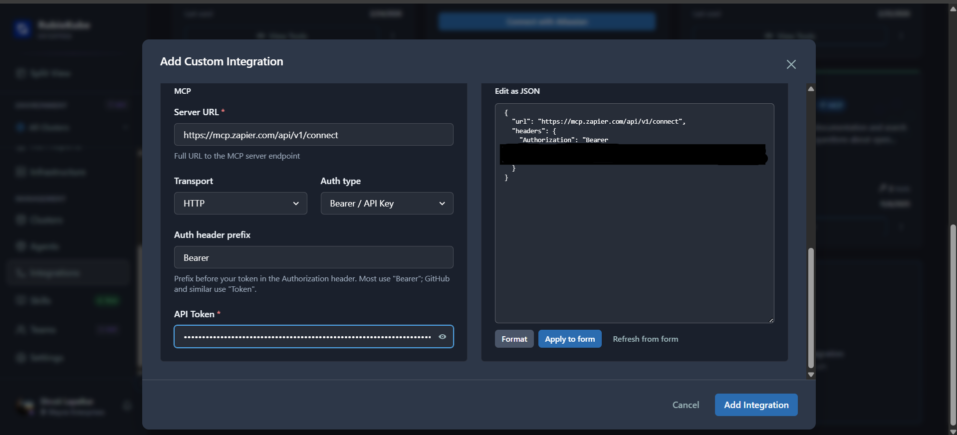MCP configuration showing Server URL, Transport, Auth type, and API Token fields