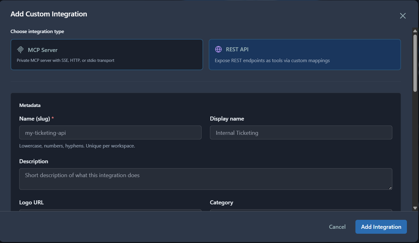 Add Custom Integration dialog with REST API selected and metadata fields