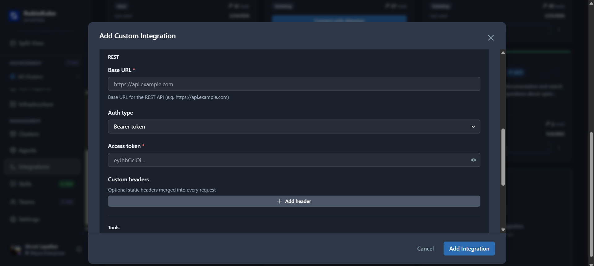REST API configuration showing Base URL, Auth type, Access token, and Custom headers