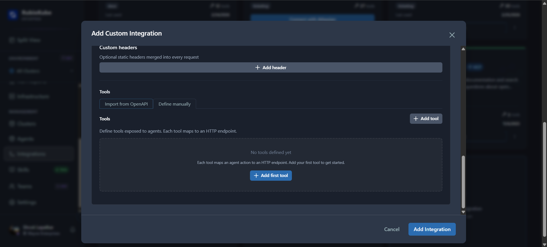 Tools section with Import from OpenAPI and Define manually tabs