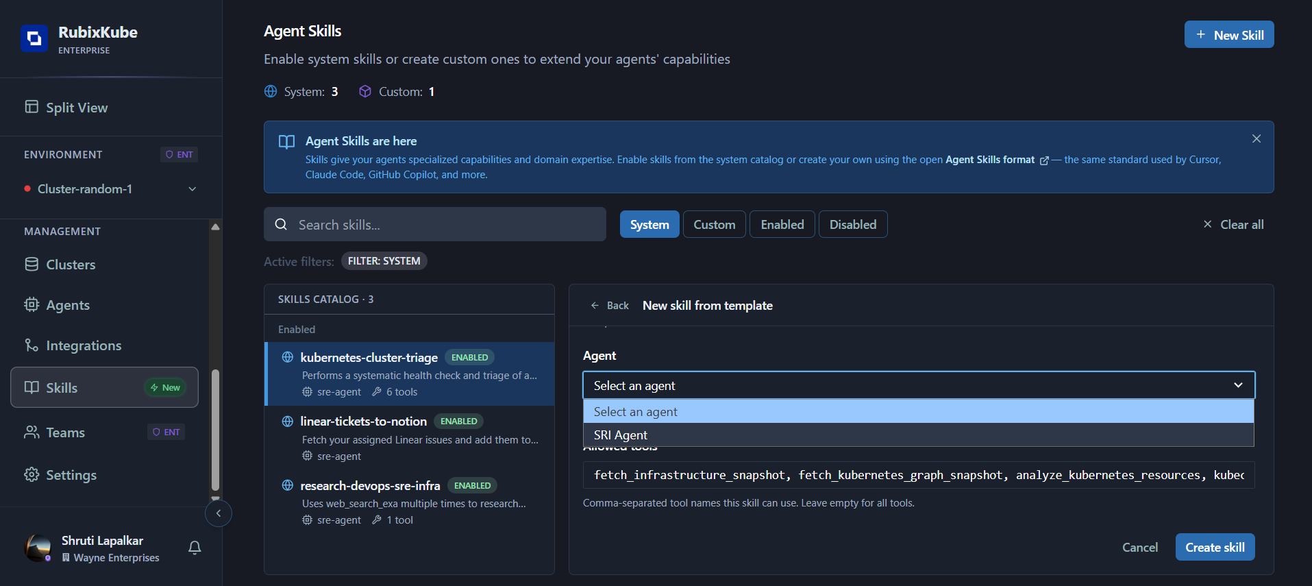 Agent dropdown showing SRI Agent as the available option