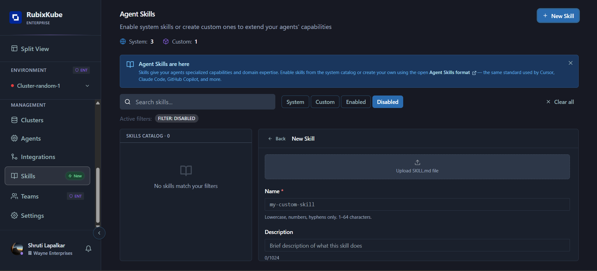 New Skill form with upload, name, description, and instructions fields