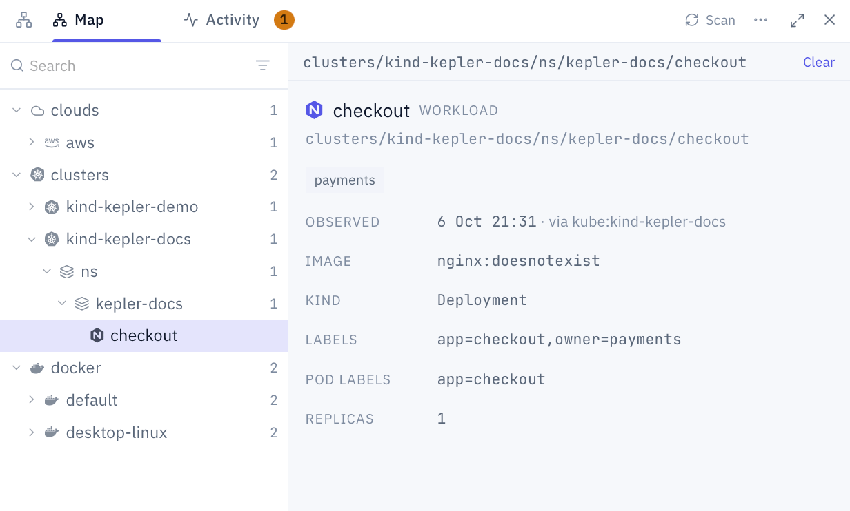 The Kepler Topology panel on the Map tab. The tree lists clouds, clusters and Docker contexts, expanded to the checkout workload in the kepler-docs namespace of the kind-kepler-docs cluster. The detail on the right shows its path, when and from which source it was observed, its image nginx:doesnotexist, its kind, labels and replicas.