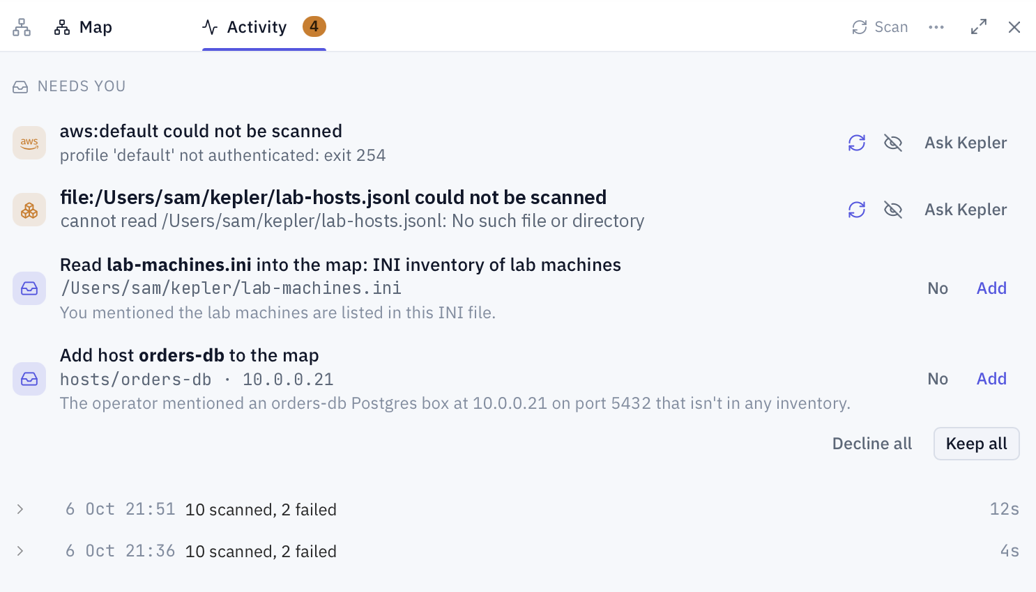 The Kepler Topology panel brought to center, on the Activity tab. Under Needs you, two sources that could not be scanned, an AWS profile that is not signed in and a list file that no longer exists, each with Try again, Ignore and Ask Kepler. Below them, two proposals Kepler made from a conversation: read the lab-machines.ini inventory into the map, and add the host orders-db. Each quotes why it was proposed and offers No and Add, with Decline all and Keep all under them. The scan log follows.