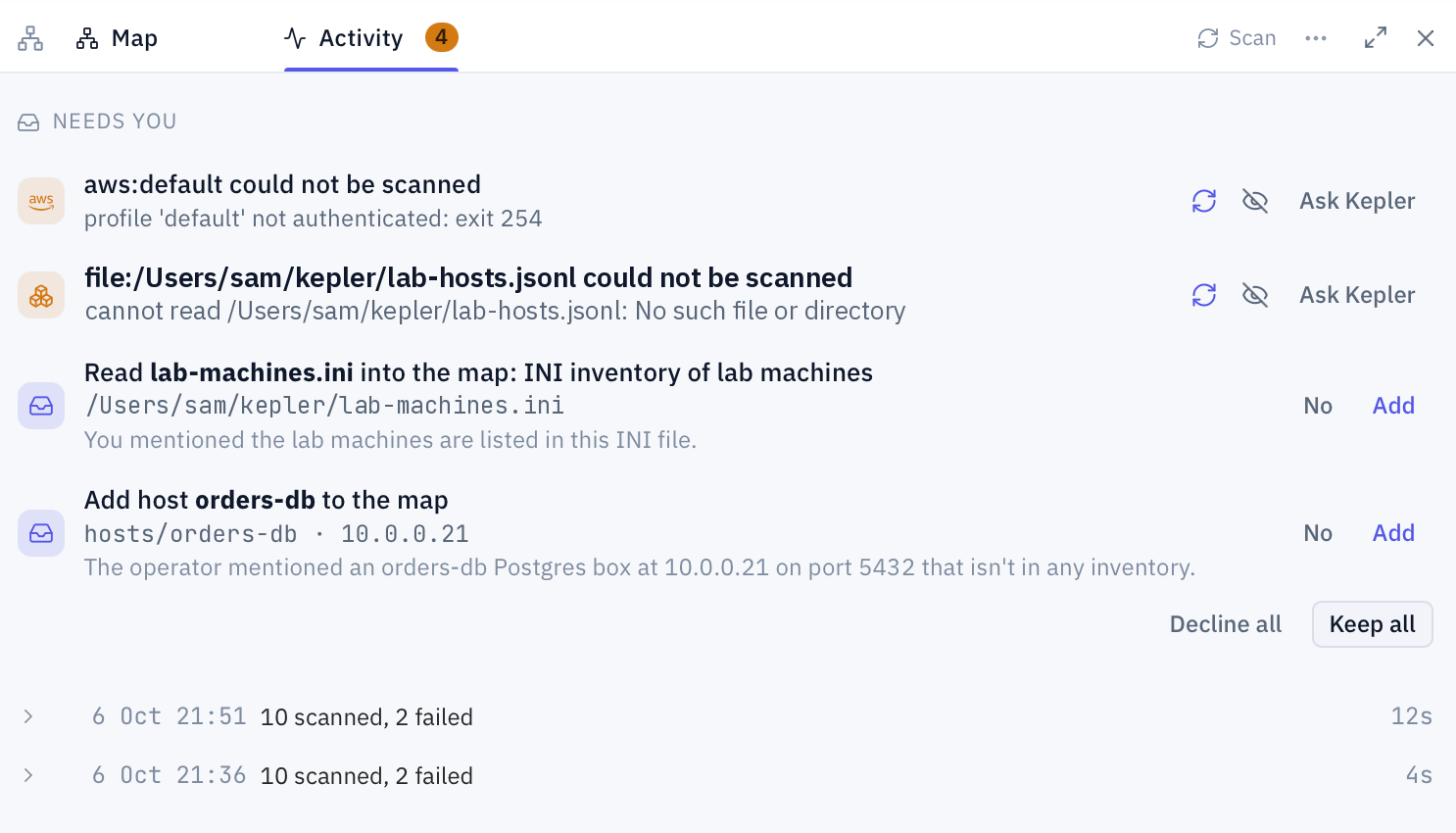 The Kepler Topology panel brought to center, on the Activity tab. Under Needs you, two sources that could not be scanned, an AWS profile that is not signed in and a list file that no longer exists, each with Try again, Ignore and Ask Kepler. Below them, two proposals Kepler made from a conversation: read the lab-machines.ini inventory into the map, and add the host orders-db. Each quotes why it was proposed and offers No and Add, with Decline all and Keep all under them. The scan log follows.