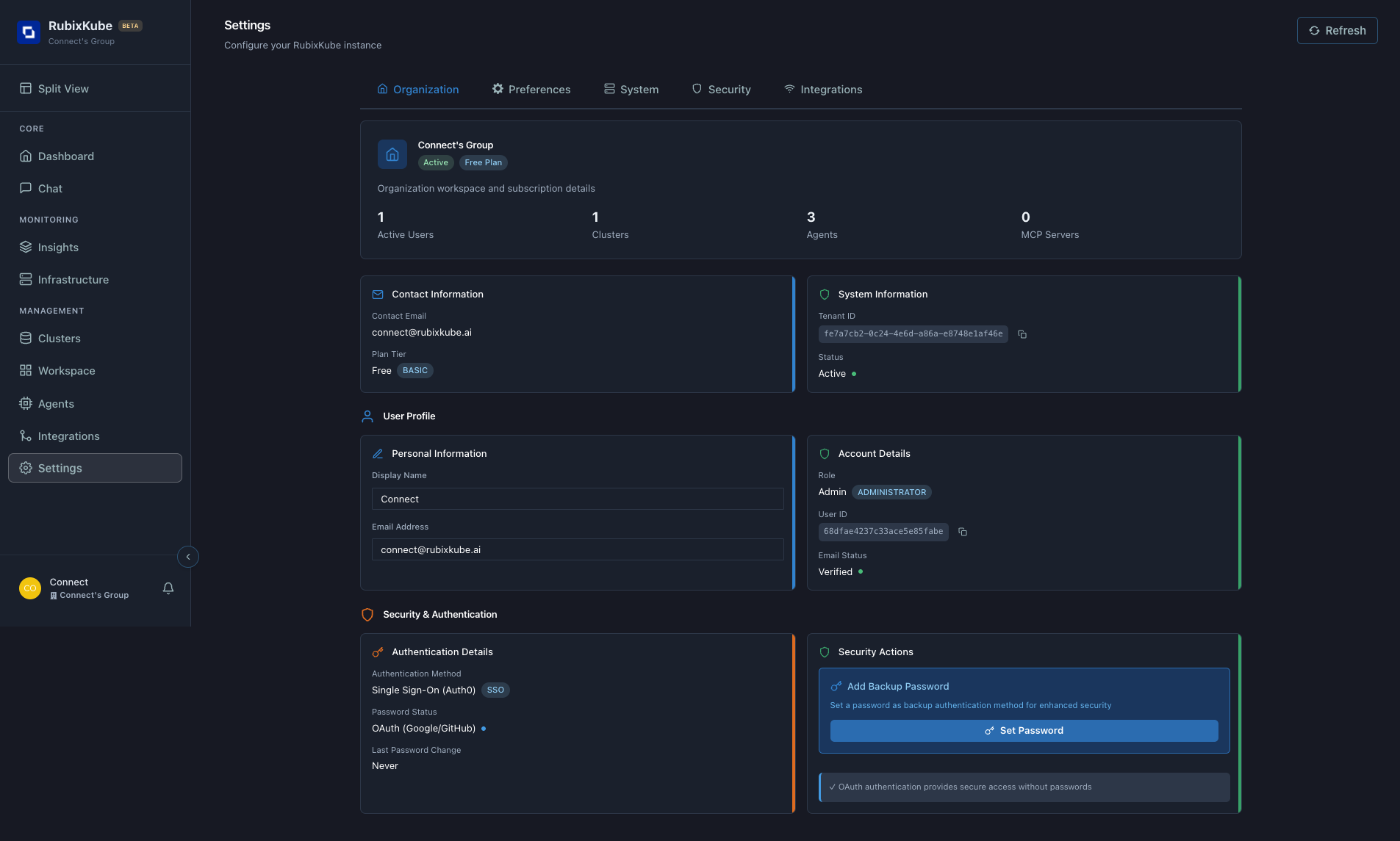 RubixKube Settings page