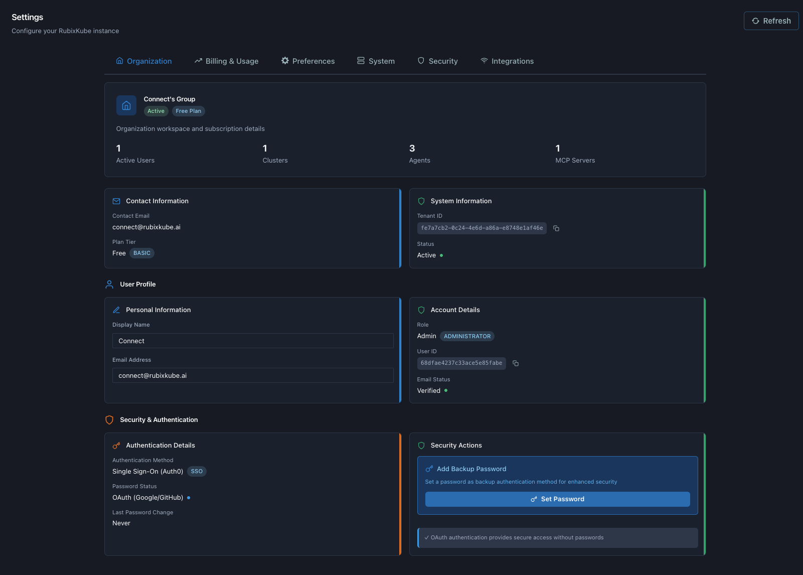 Settings header and tabs