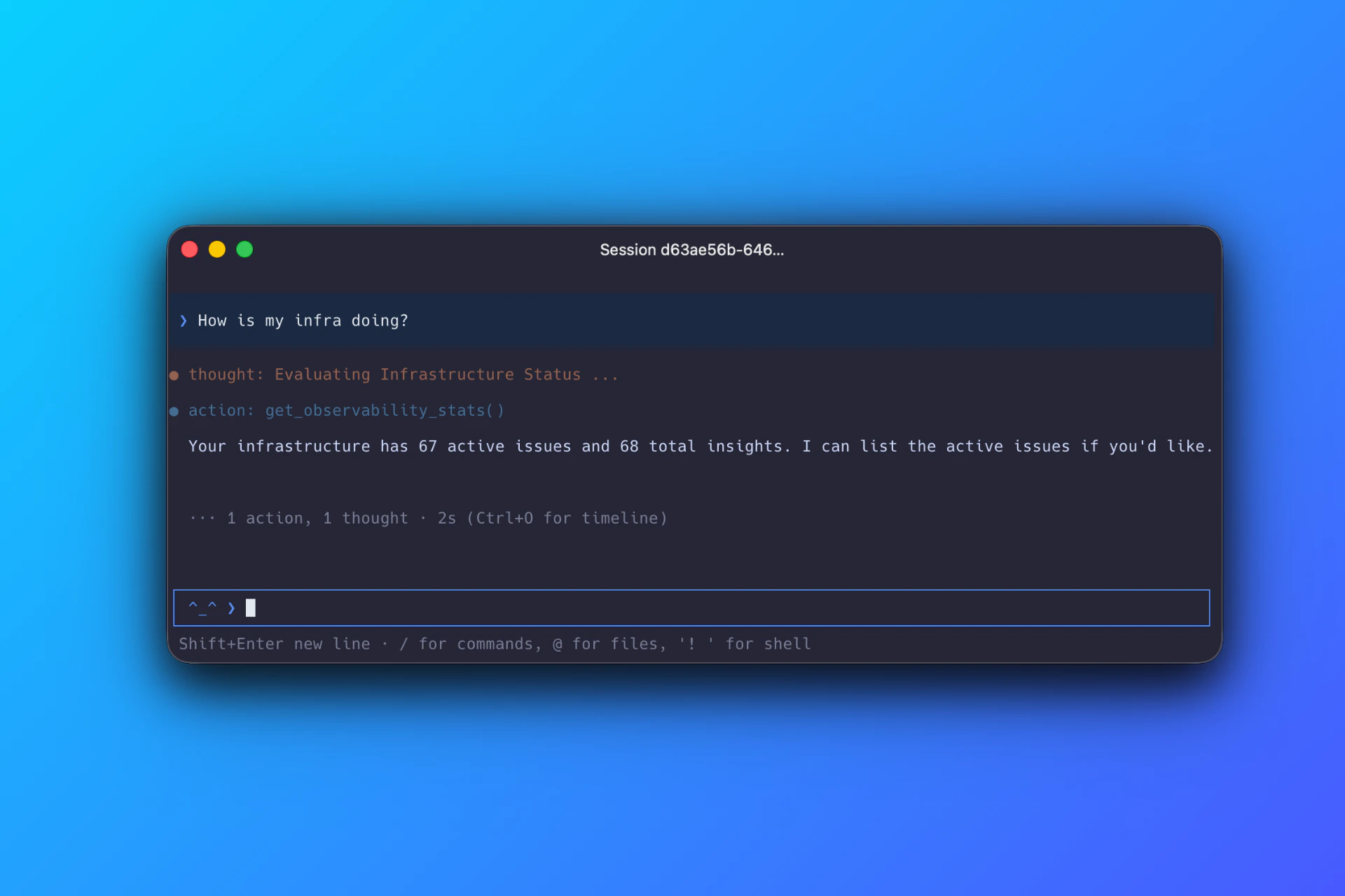Rubix CLI session showing the user asking 'How is my infra doing?', the agent's thought 'Evaluating Infrastructure Status', an action calling get_observability_stats(), and a response stating the environment has 67 active issues and 68 total insights.