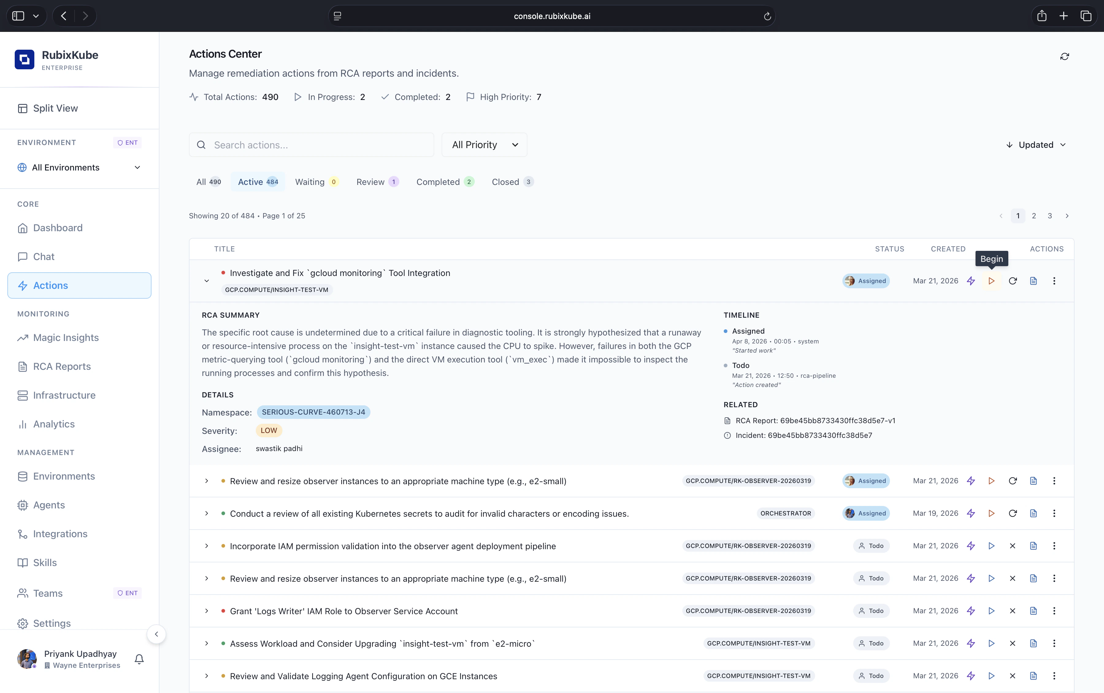 Actions Center with total, in-progress, completed, and high-priority counters. Active, Waiting, Review, Completed, and Closed tabs. One action expanded showing RCA summary, details, timeline, and related incident.
