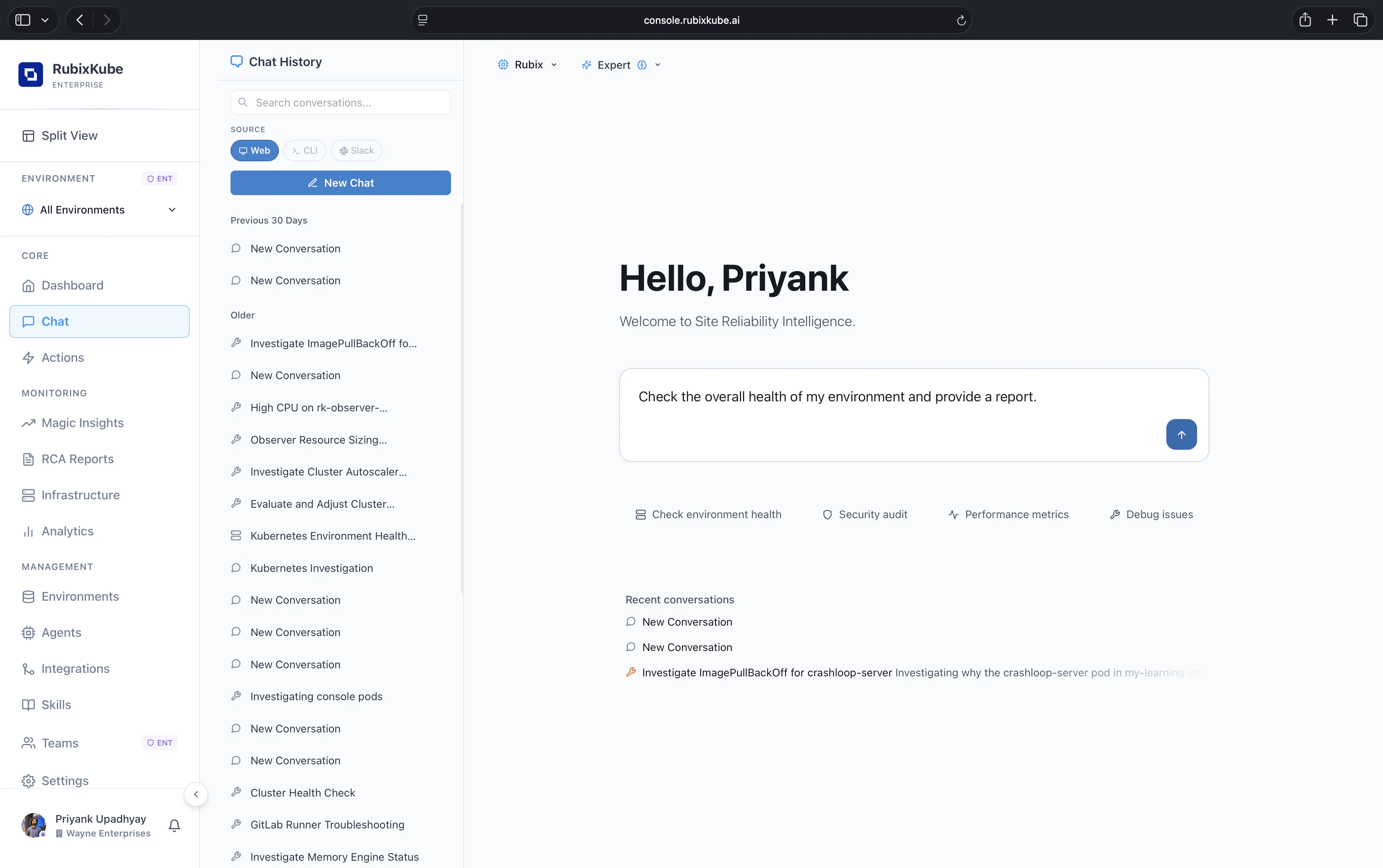 Rubix Chat in the console. Chat history on the left with Web, CLI, and Slack source filters. Rubix and Expert mode selectors at the top. Suggested questions and recent conversations in the main area.