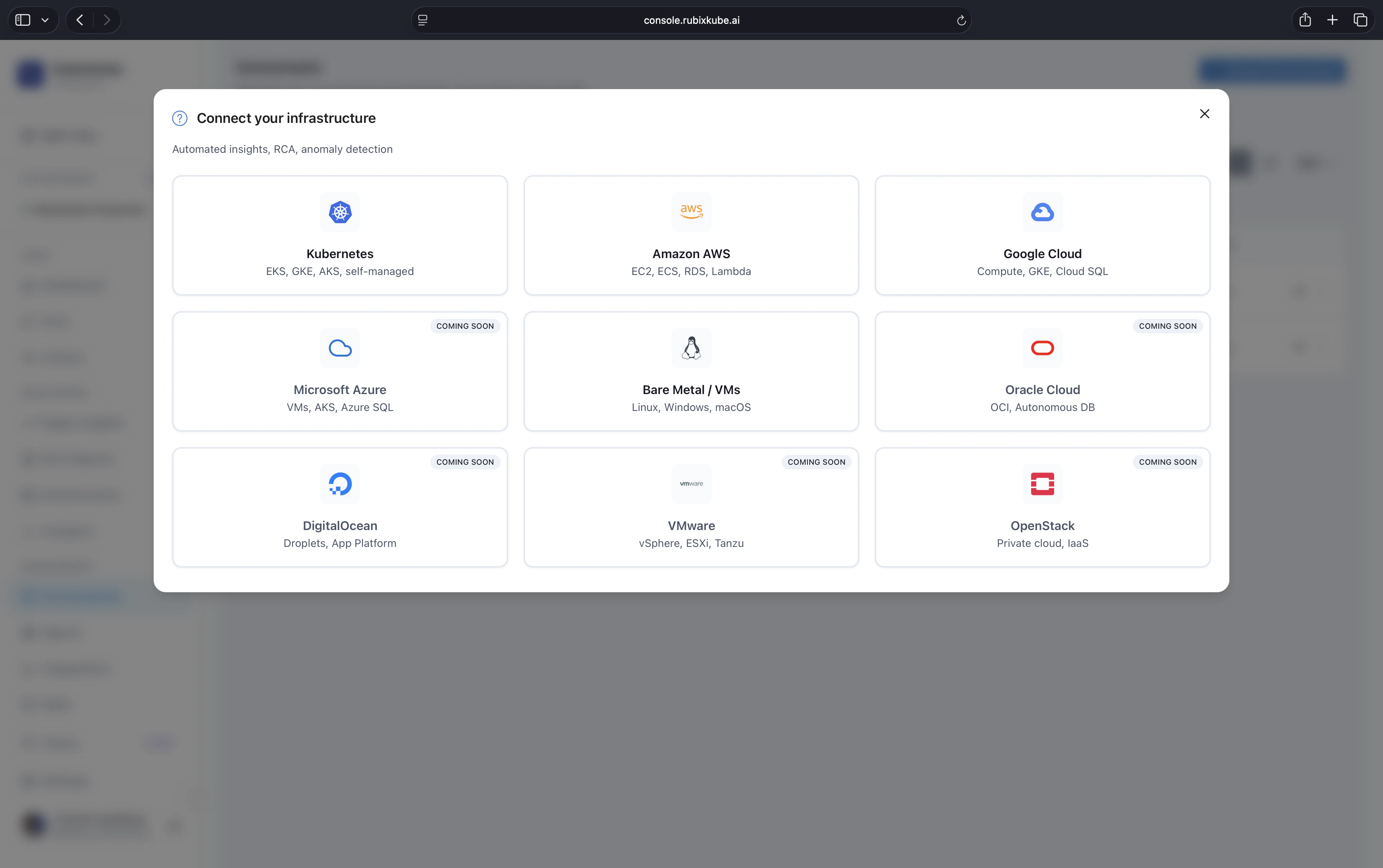 Connect your infrastructure picker with tiles for Kubernetes, Amazon AWS, Google Cloud, Bare Metal or VMs available today, and Microsoft Azure, Oracle Cloud, DigitalOcean, VMware, and OpenStack marked coming soon.